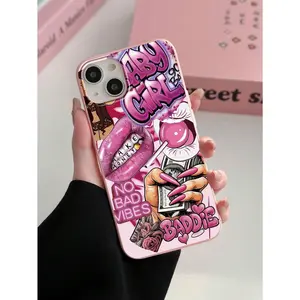 Y2K graffiti phone case, rhinestone high heels and dollar pattern, hip-hop style wealth symbol patchwork pattern magenta phone case, compatible with iPhone 17/16/15/14/13/12/11/X/XS/XSMAX/XR/7P/8P, holiday gift