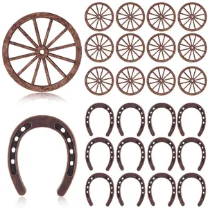 Western Theme Party Decorations Set, 24 Pieces Mini Horseshoes & Wheels, Rustic Wood Desktop Ornament, Cowboy Girl Birthday Party Supplies, Wooden Decorative Ornaments