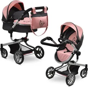 Convertible Baby Doll Stroller Realistic Pram 2-in-1 Carriage with Butterfly Bag, Foldable Canopy, Storage Basket & Adjustable Handle – Pink & Grey Pretend Play Doll Stroller for Girls Ages 3+