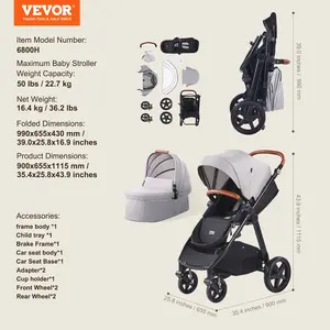 VEVOR Travel System Stroller with Infant Bassinet, 2-in-1 Baby Cradle Stroller Combo, Reversible Seat, Easy One-button Folding, EVA Tires with Brake Aluminum Stroller Carseat Combo Set (Light Gray)