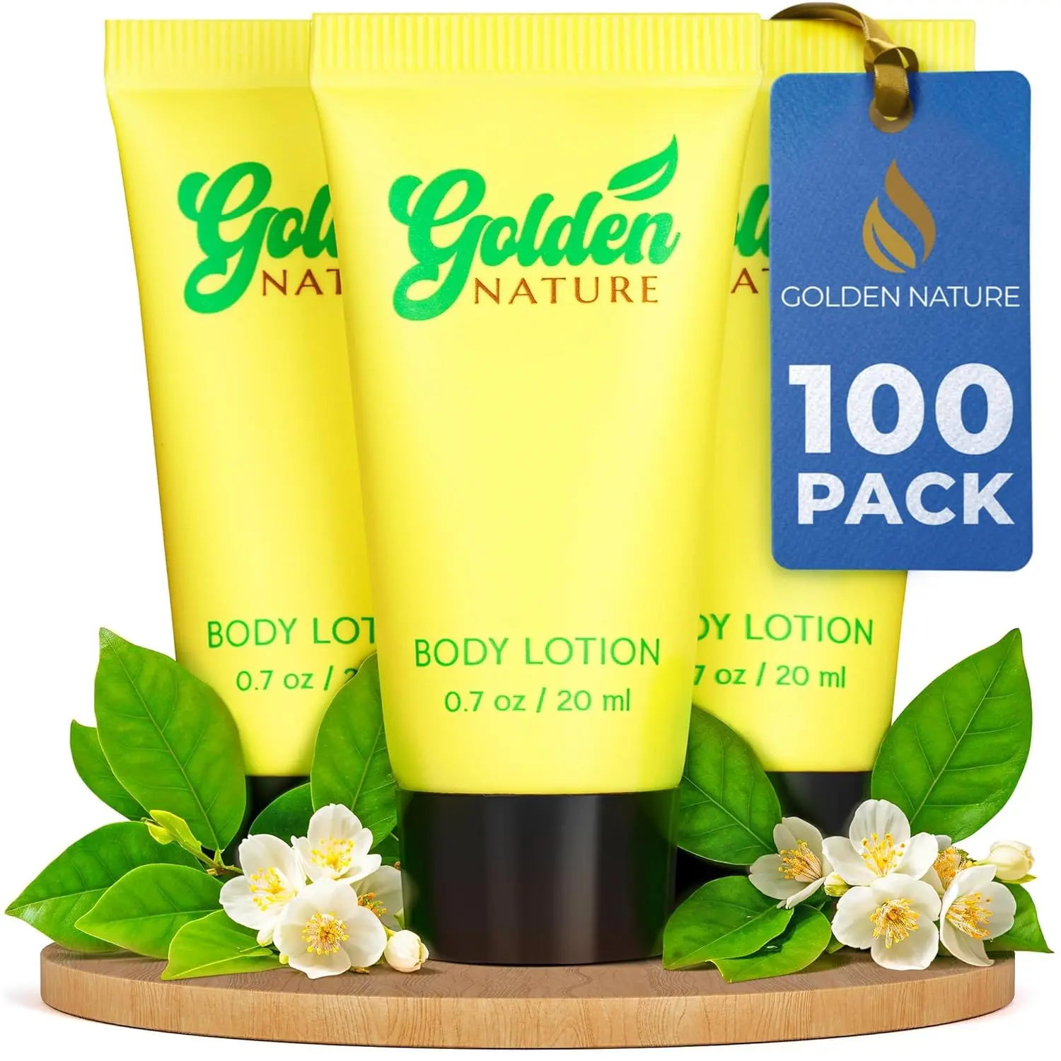 Golden Nature Body Lotion, 100 Pack of Hydrating Moisturizers with a Relaxing Floral Jasmine Scent, 0.7 fl oz Travel Size for Hotels & Airbnb, Vegan & Cruelty-Free