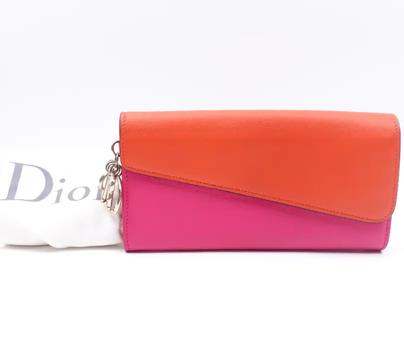Pre-owned Dior Long Wallet Colorblock Smooth Leather (Pink & Orange)