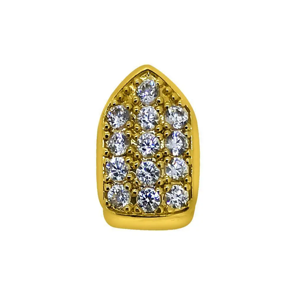 Iced Out Single Tooth Bottom Teeth Grillz - Gold-Plated Brass, Prong-Set Artificial Crystal, Removable Custom-Fit Silicone Mold, with Box