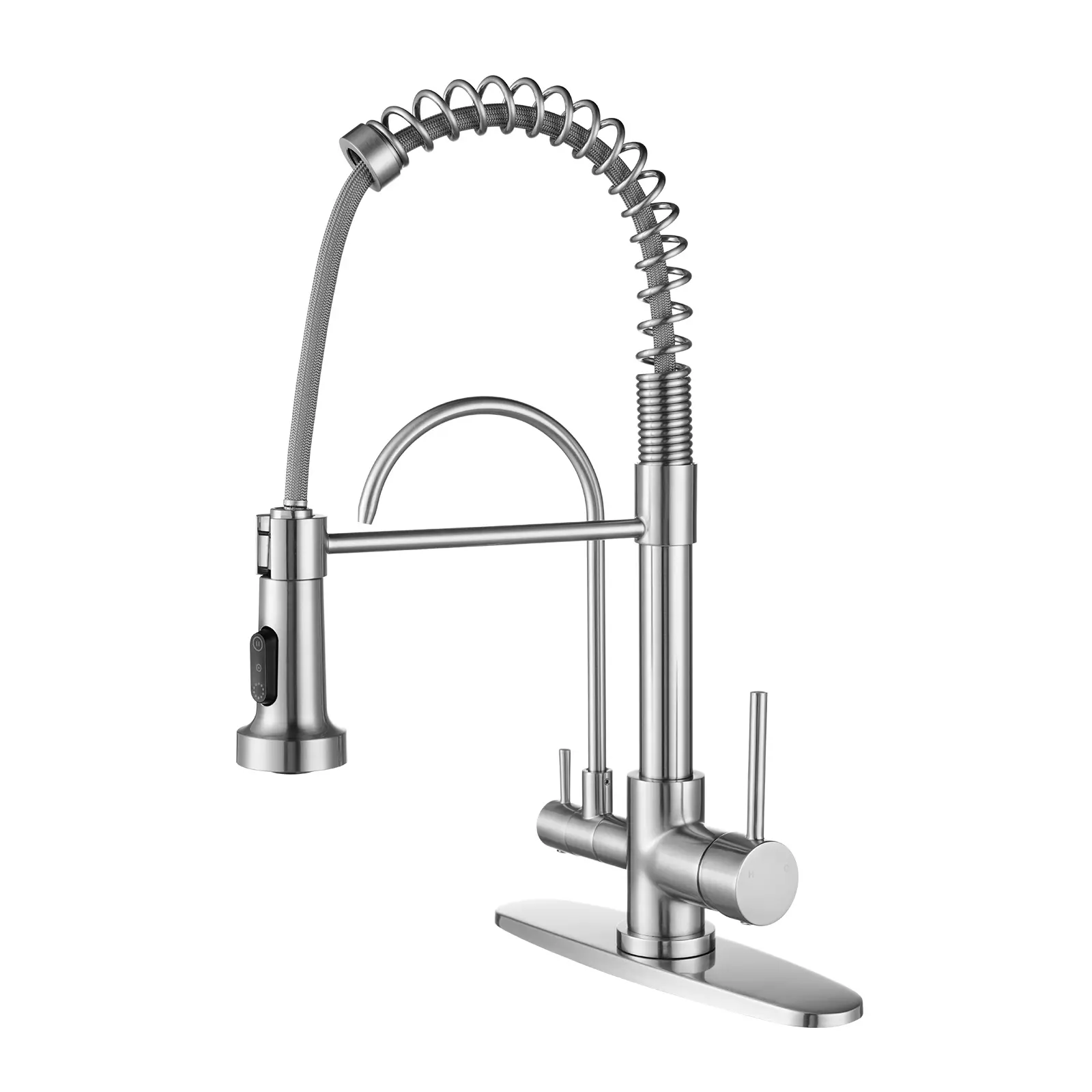 WOWOW 17.5 in. Brushed Nickel Solid Brass Gooseneck Kitchen Faucet - 2-in-1 Design, Dual Function Pull-Down Sprayer, Double-Handle, 360° Rotatable Spout, Water Filter, Ceramic, Easy to Maintain, Direct Drinking Fixture for Classic Traditional Kitchens, Fa