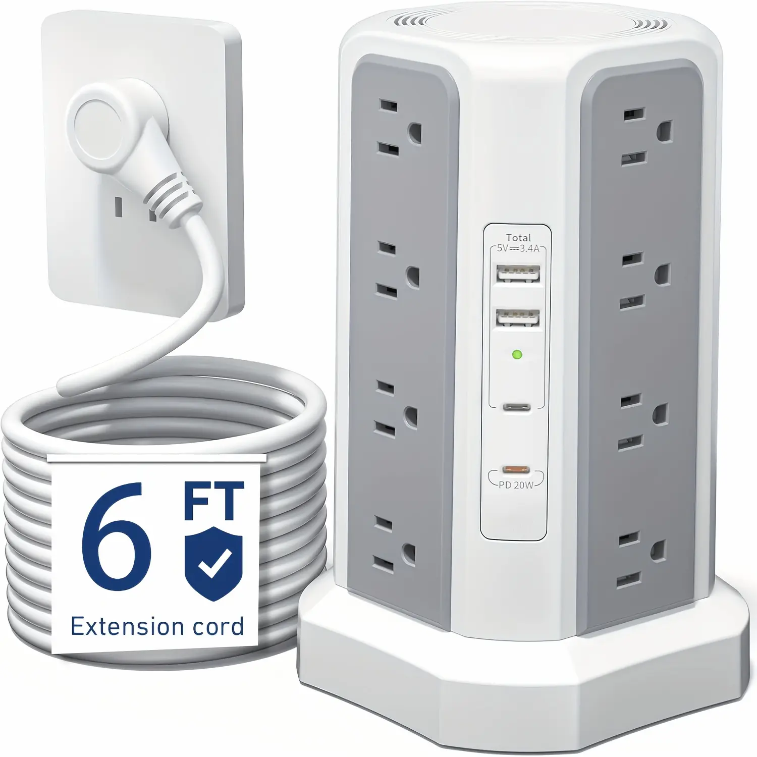 Level 4 Upgraded New Product Flat Plug 16 AC Outlets Power Strip Tower with USB/USB C Port, Surge Protector Power Tower with 5 USB Charging Ports, Extension Cord Desktop Power Strip