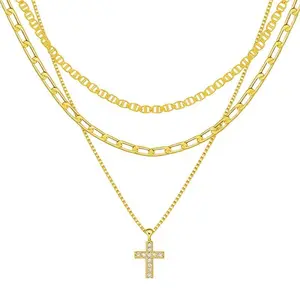 3 Pcs Gold Layered Initial Cross Necklace, 14K Gold Layering, Paperclip Chain Box Chain Mariner Chain, CZ Diamond Cross Pendant, Minimalist Simple Elegant Jewelry Gift Adjustable