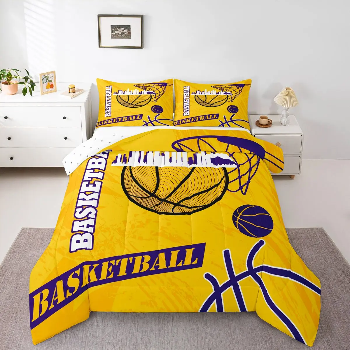 Feelyou Geometric Basketball Microfibre Comforter Set - Unisex Breathable King-Size Decorative Quilt Bedspread, Unique Bedding Set for Basketball Enthusiasts, Machine-Washable Gaming Sports Gift, Decorative Bedding Set, Quilt Bedspread Set
