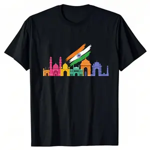 A-stylized-illustration-of-India-landmarks-with-the-Indian-flag Men's short-sleeve T-Shirt Seasonal casual,100% cotton, Washed printed, Crew neck cotton,Holiday gift comfort wear Men's T-Shirts Classic cotton tee Graphic tees fun shirt cotton menswear