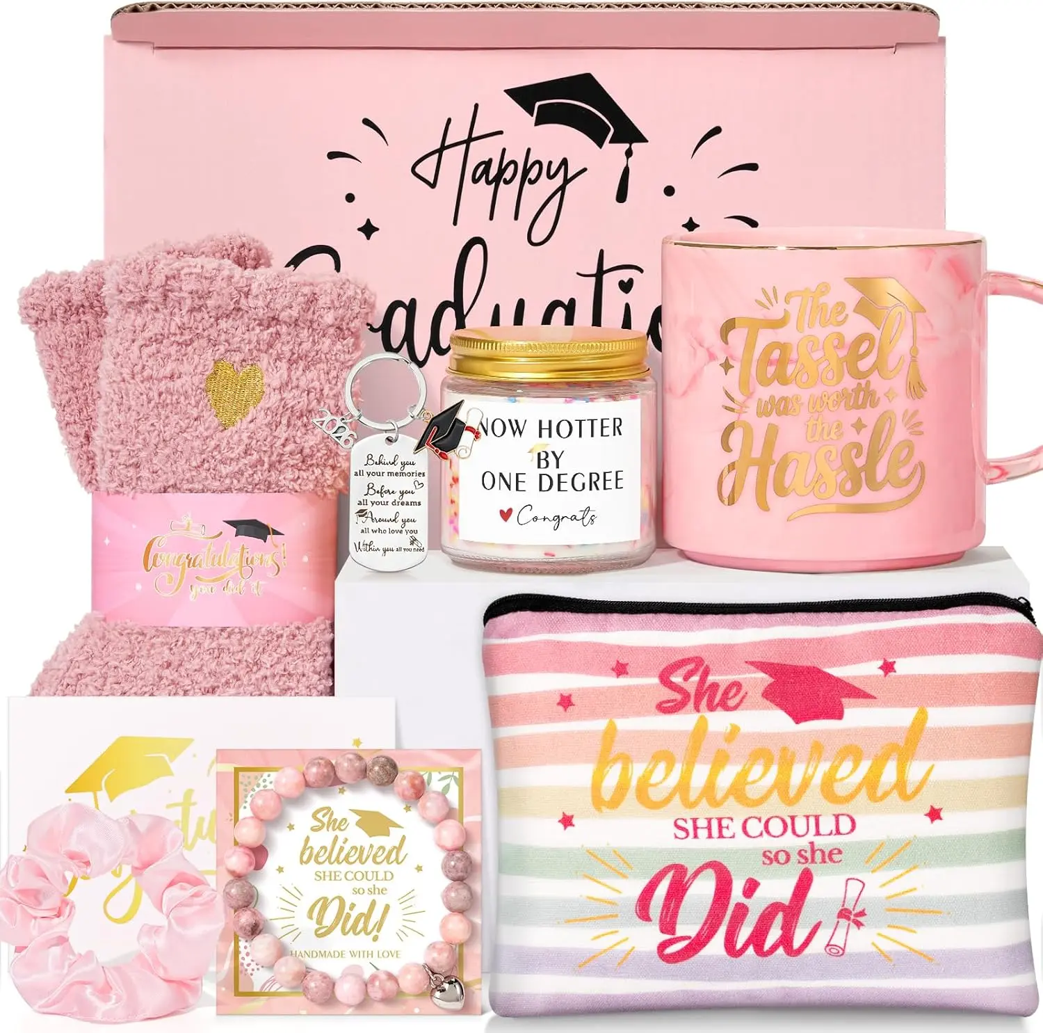 Graduation Gift for Her,Class of 2026,Pink Graduation Gifts Basket for Girls,Senior Graduations Gift,High School College Grad Gifts Box for Daughter Friend,Mug Socks Candle Makeup Bag