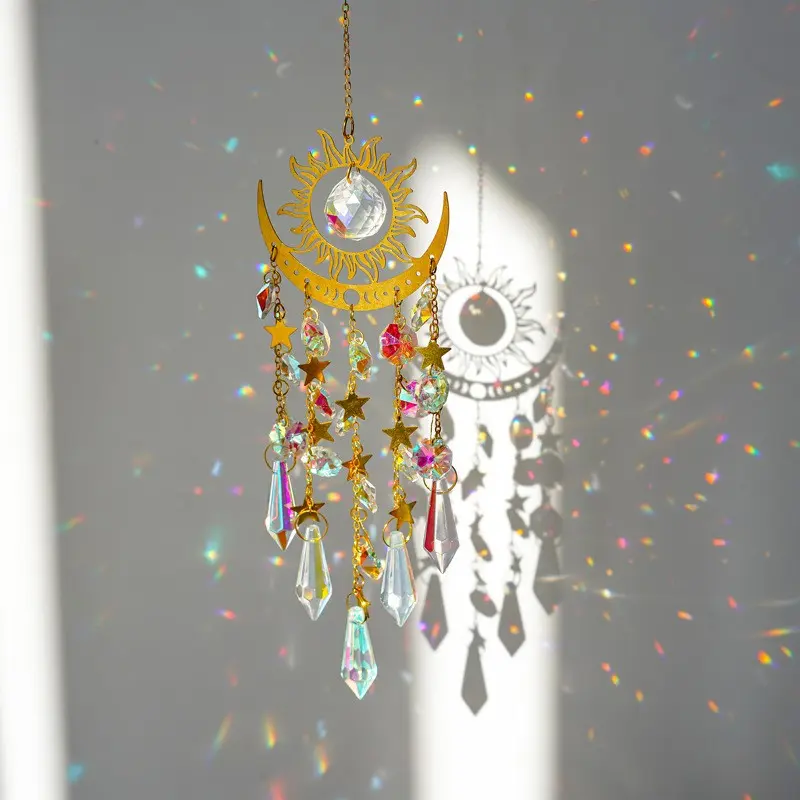 Sun Moon Brass Crystal Decorative Wind Chime Ornament, Home Outdoor Garden Decoration, Boho Style Sun Catcher Hanging Decor, Bohemian Wind Chime
