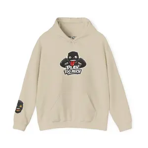 Play Too Much Graphic Hoodie — Urban Gamer Pullover with Tongue-Out Mascot