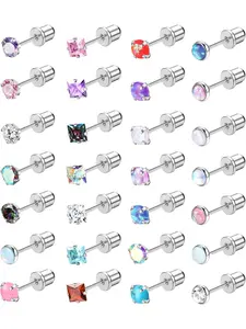 28Pcs Hypoallergenic Post Earrings Set for Women Men 316L Stainless Steel Cartilage Flat Back Stud Earrings CZ Opal Screwback Earrings Studs Piercing Jewelry Multicolored 20G