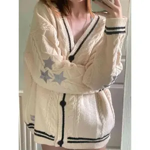 Vintage Embroidery Star Loose Sweaters for Women Long Sleeve Single Breasted Oversize Knitted Cardigans Taylor Long Sleeve Top