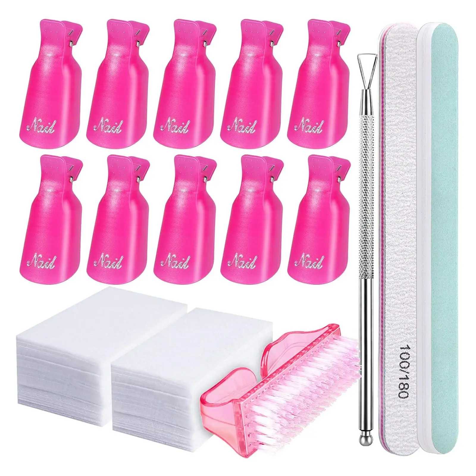 Gel Nail Polish Remover Kit, 10Pcs  Reusable Nail Soak Off Clips with 400pcs Lint-Free Cotton Pads, Cuticle Pusher, Nail Brush, 100/180 Nail File & Polishing Buffer, Fast Acrylic Nail Removal Tools for Home Use, Manicure, At Home Nail Kit