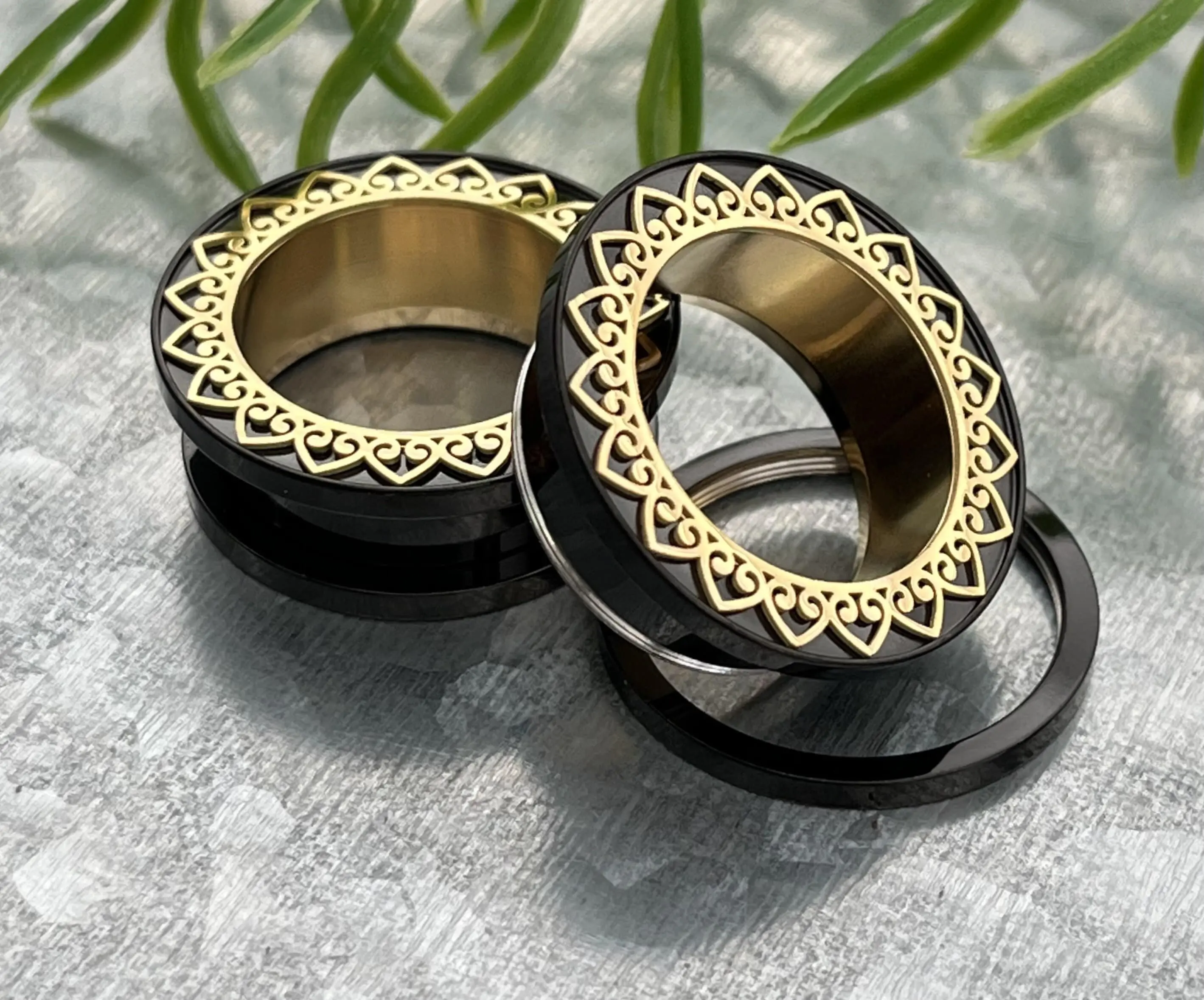 PAIR of Unique Black with Gold Filigree Rim & Interior Screw Fit Tunnels/Plugs - Gauges 0g (8mm) through 1" (25mm)