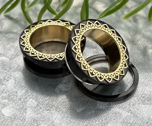 PAIR of Unique Black with Gold Filigree Rim & Interior Screw Fit Tunnels/Plugs - Gauges 0g (8mm) through 1" (25mm)