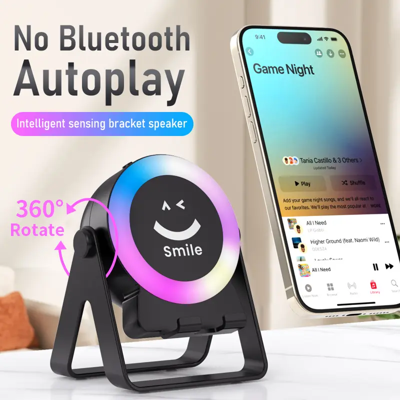 Wireless Induction Speaker, Cell Phone Stand with Bluetooth Speaker, Stereo Sound, RGB Ambient Light, Phone Holder Compatible with iPhone/iPad/Android/Samsung Galaxy-Black Adjustable Anniversary, Birthday, Audio,father'sdaygifts