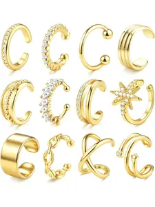 Ear Cuff No Piercing Gold Silver Clip on Earrings 18K Gold Plated Ear Cuffs for Women Girls Adjustable Chunky Fake Piercing Earrings Set Hypoallergenic Cartilage Helix Wrap Earring Set Hoop Earrings