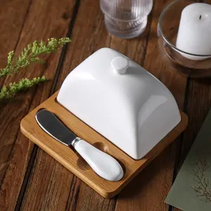 Ceramic Butter Dish with Lid & Bamboo Knife Set