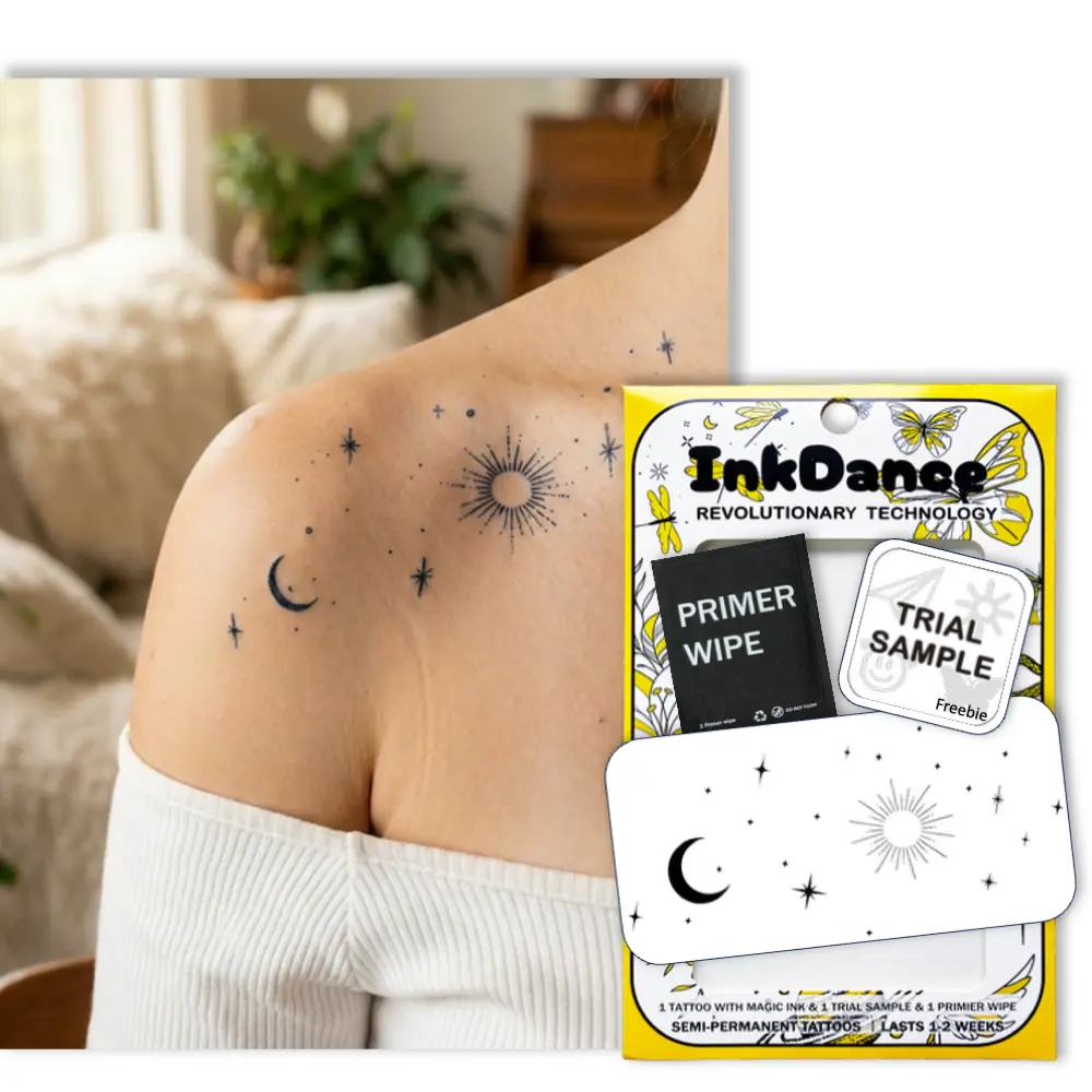 InkDance Semi-Permanent Tattoo, Celestial Harmony, Sun & Moon, Long Lasting Temporary Tattoos, Waterproof Plant-Based Ink, Lasts 1-2 Weeks, Color Develops in 24 Hours D323, Minimalist, Body Art