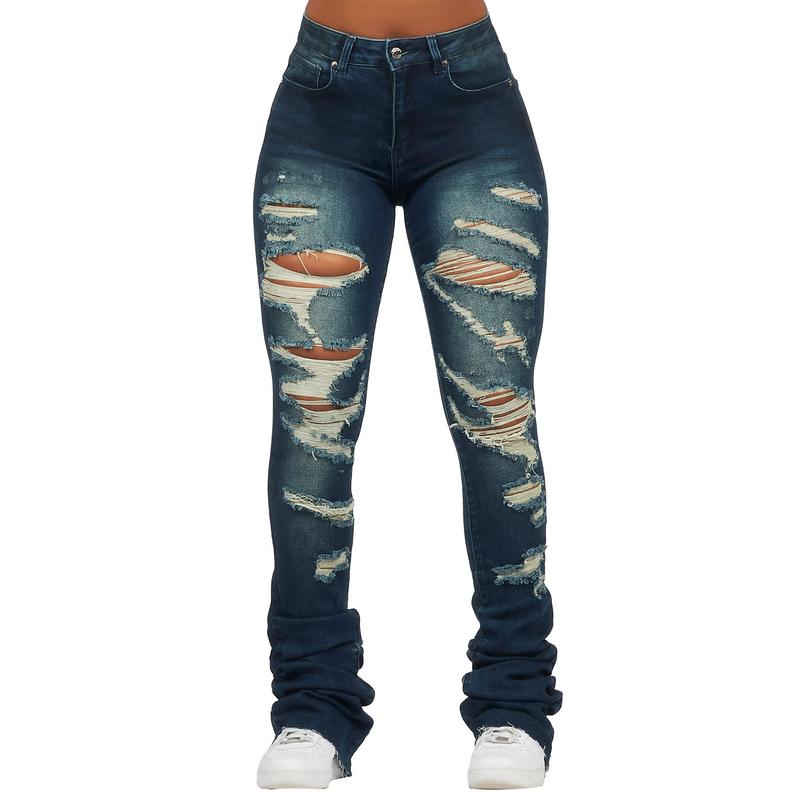 Teyja Dark Wash Distressed Super Stacked Jean