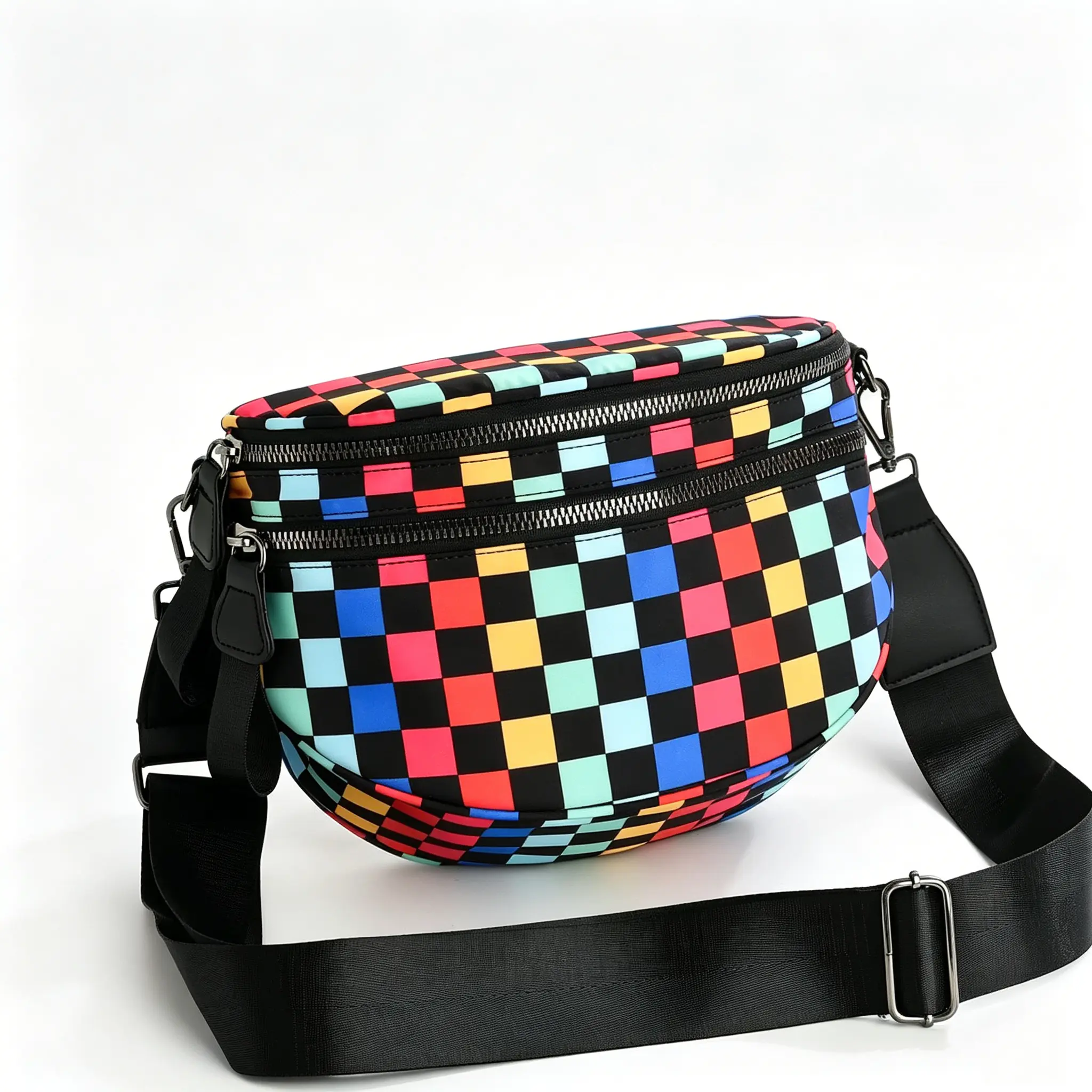 Sporty Chic Rainbow Checkered Fanny Pack, Women's Half-Moon Nylon Crossbody Bag with Wide Adjustable Strap, Lightweight Hands-Free Sling, Adjustable Hands-Free Women's Crossbody & Shoulder Bags