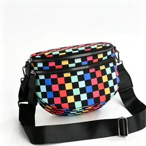 Sporty Chic Rainbow Checkered Fanny Pack, Women's Half-Moon Nylon Crossbody Bag with Wide Adjustable Strap, Lightweight Hands-Free Sling, Adjustable Hands-Free Women's Crossbody & Shoulder Bags