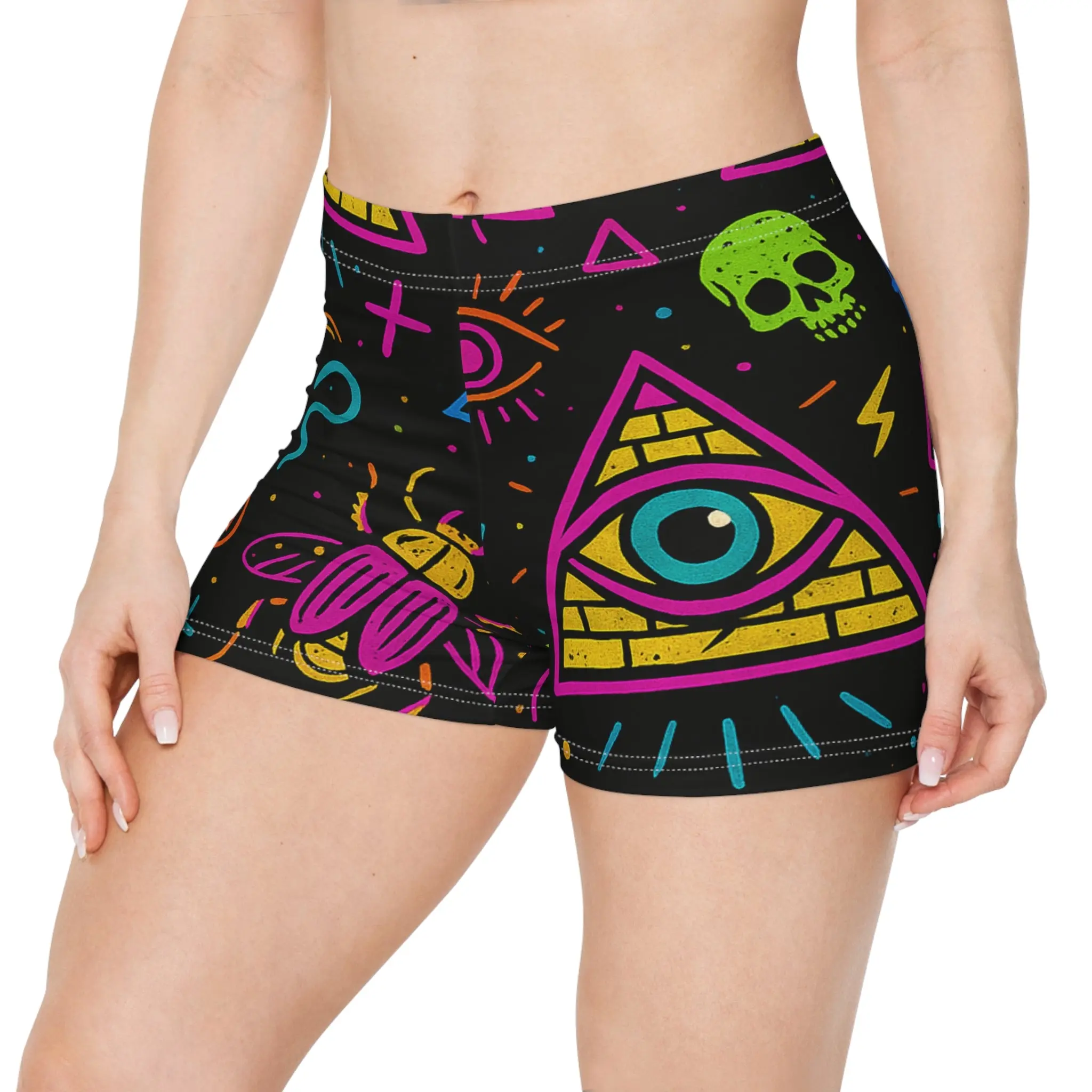 Illuminasty Drop Womens Shorts  Neon Chaos with All-Seeing Eye Skulls & Symbols