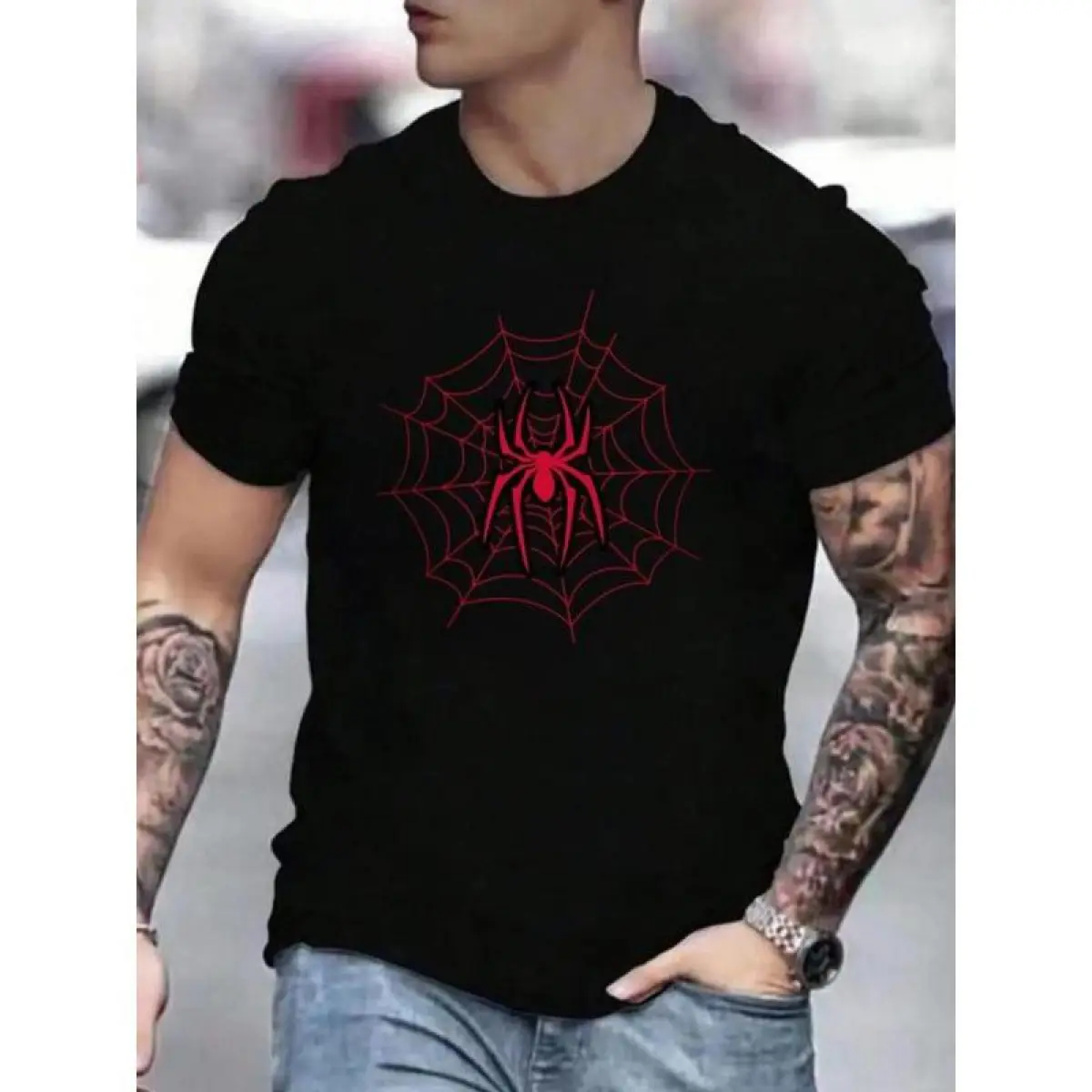 2026 Men's Spider Web Print Round Neck Tee, Summer Clothes, Regular Fit Casual Streetwear Short Sleeve T-Shirt for Summer, Summer Outfits, Men's Top for Daily Wear