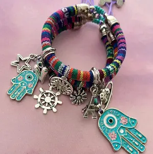 Set x3 Mano Hamsa Plateada with Colorful Fabric Straps and Assorted Charms for Stylish Accessory