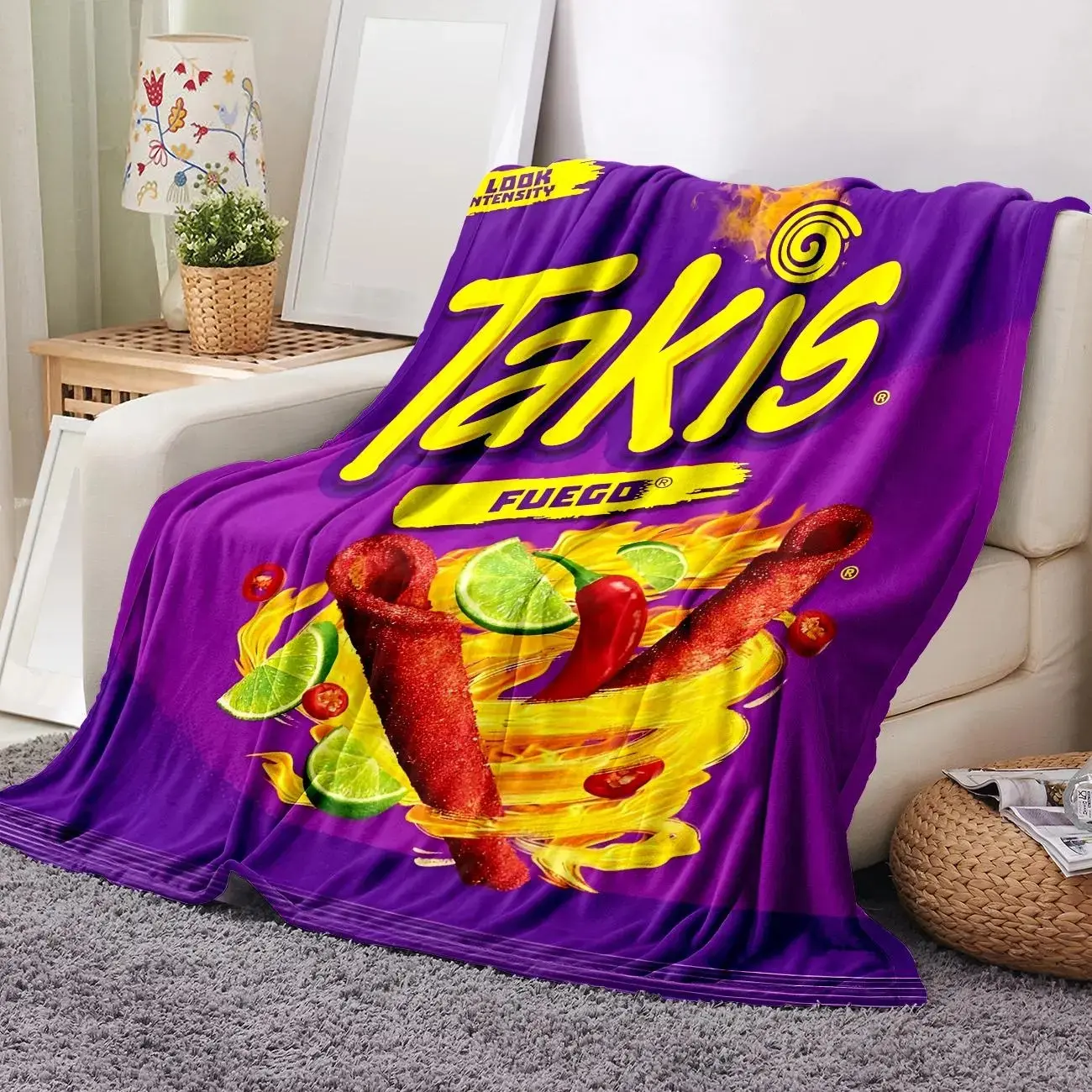 Spicy Snack Themed Graphic Print Flannel Throw Blanket, Ultra Soft Cozy Lightweight Polyester Decorative Cover for Home Office Travel Camping, Warm All Season Nap Blanket, Unique Food Pattern Holiday Gift