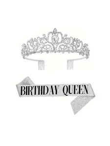 Rhinestone Crown & Belt Set, Birthday Queen Crown, Tiaras, Fashion Hair Accessories for Women & Girls, Elegant All-match Fashion Accessories for Daily Wear