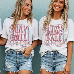 Vintage Baseball Tee Retro Play Ball Stripe Tshirt Hit the Dang Ball  T-Shirt Baseball Mom Sports Top Casual Womenswear Crewneck