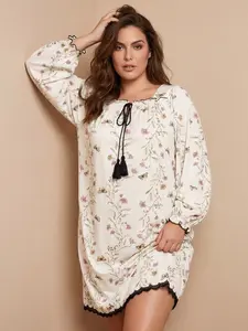 Women's Nightgown Vintage Cottagecore StyleCrafted with an ivory base, adorned with fresh pink floral, butterfly & foliage prints. Features square neck (tassel tie), relaxed lantern sleeves, black lace hem. Smooth, draping fabric brings soft