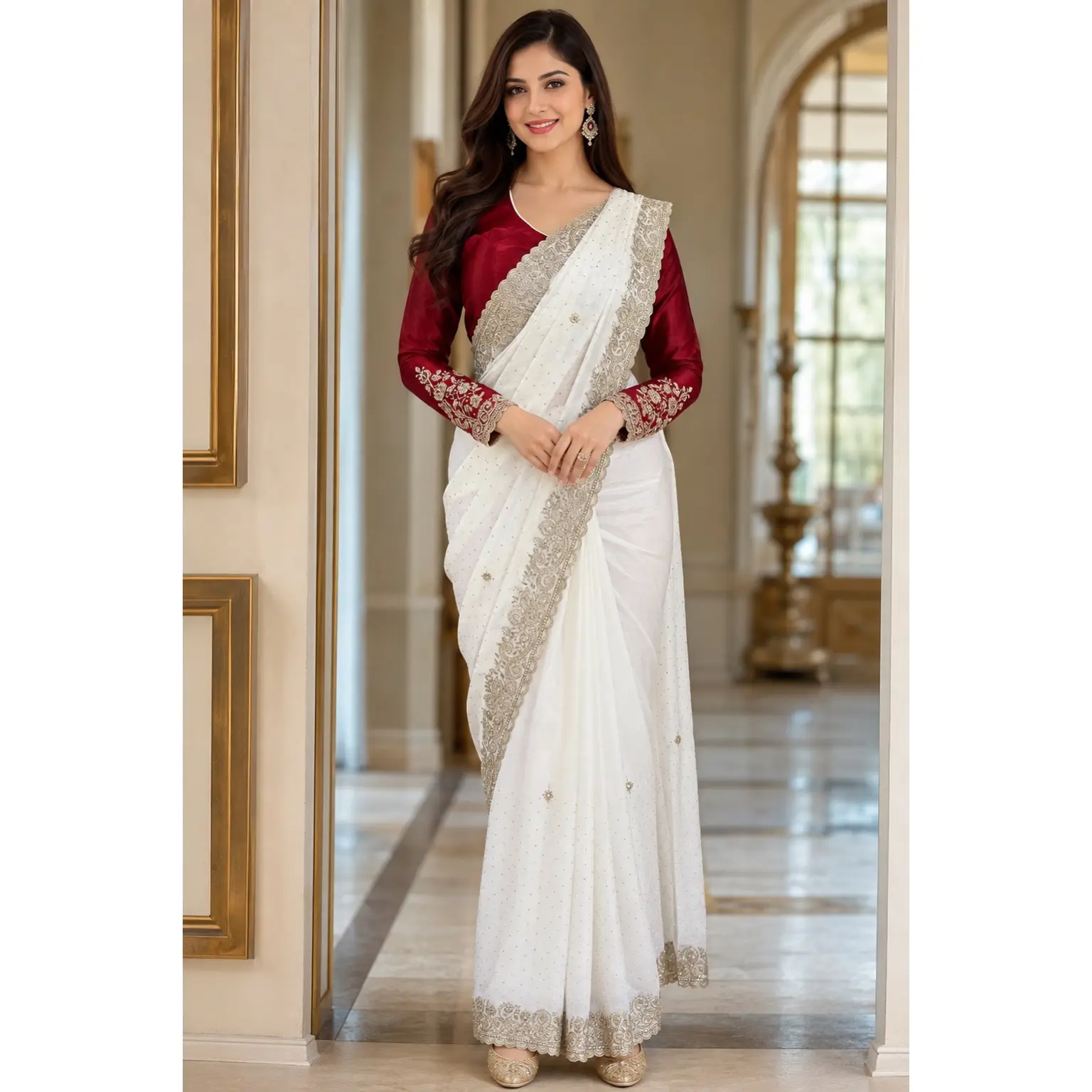 White Georgette Pre-Pleated Saree with Maroon Blouse