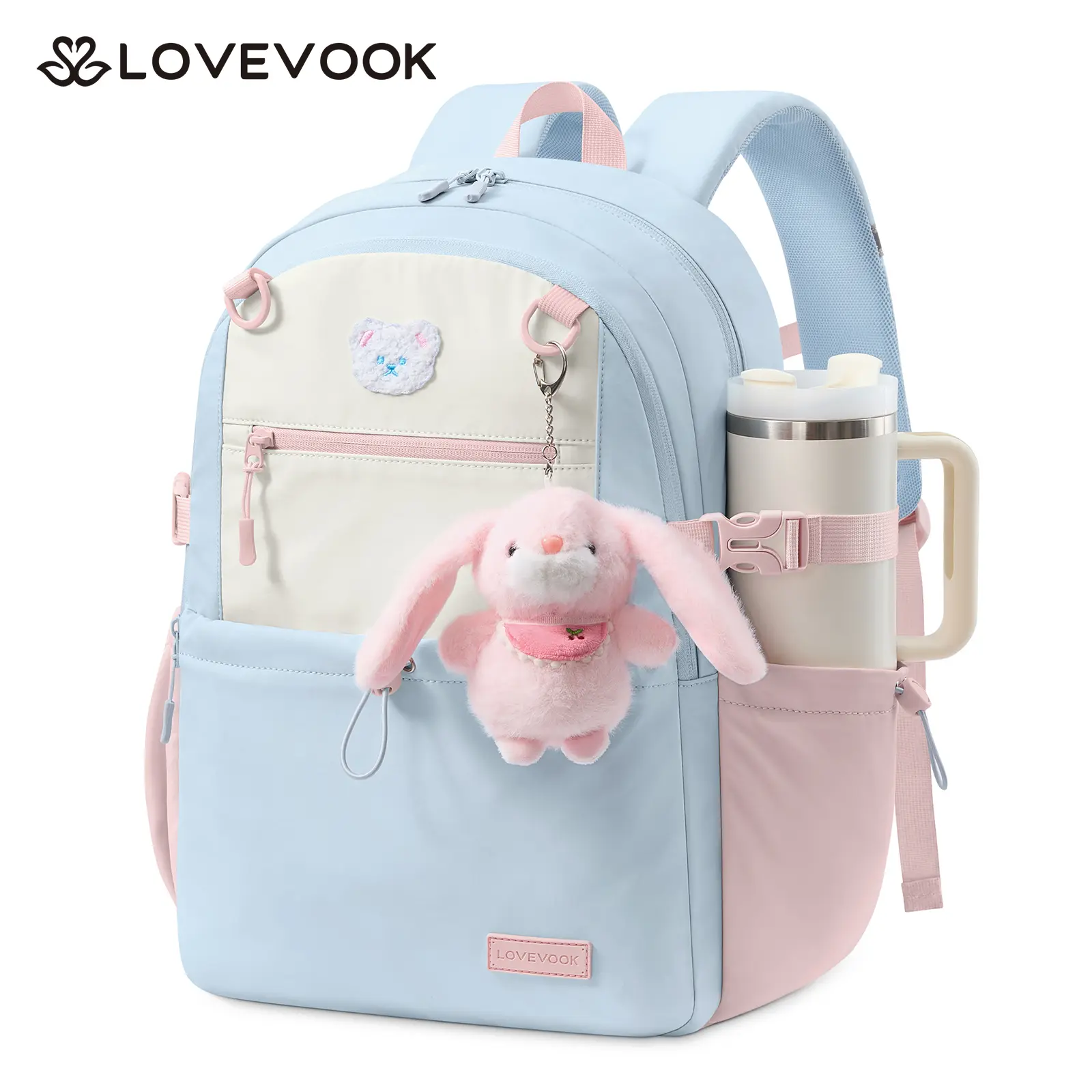 LOVEVOOK Backpack for Girls, Cute School Backpack with Bunny Charm & Large Cup Holder for Primary Elementary, Fits 15.6 Inch Laptop, Large Capacity Girls Bookbag