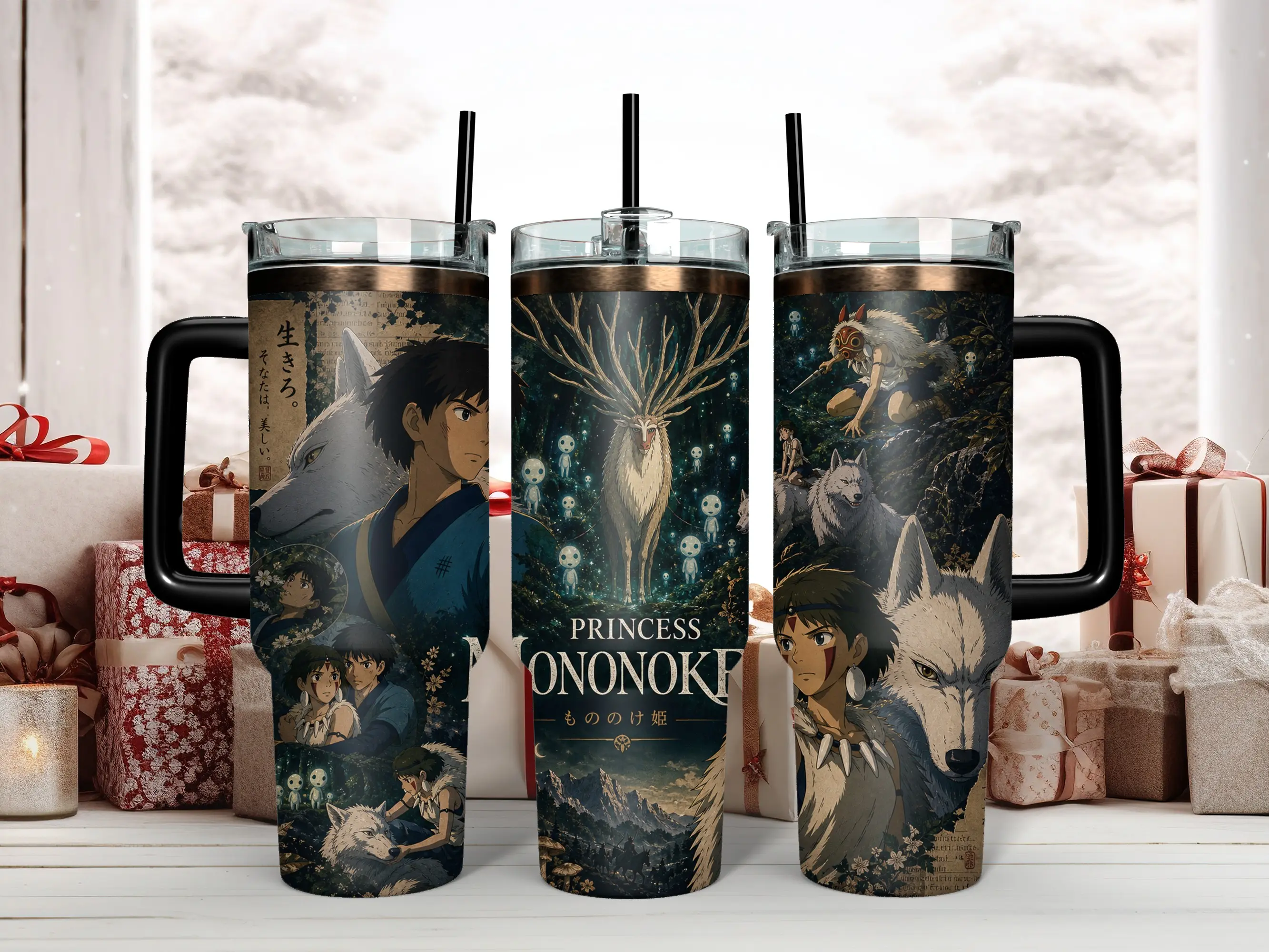 40oz Insulated Stainless Steel Tumbler - Triple-Layer Insulation Reusable Portable Water Bottle with Handle, Straw, Lid, Classic Studio Ghibli Princess Mononoke Anime Art for Miyazaki Fans, Kitchenware Drinkware Must Haves Accessory