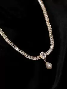 Rhinestone Pearl Pendant Necklace, Adjustable Chain, Titanium Steel, Luxury Style, Fashion Accessory for Women