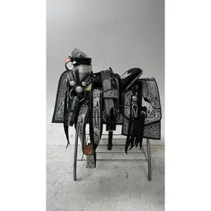 Charro Saddle – Black with Silver Embroidery & Engraved Plated Accents (15.5”)