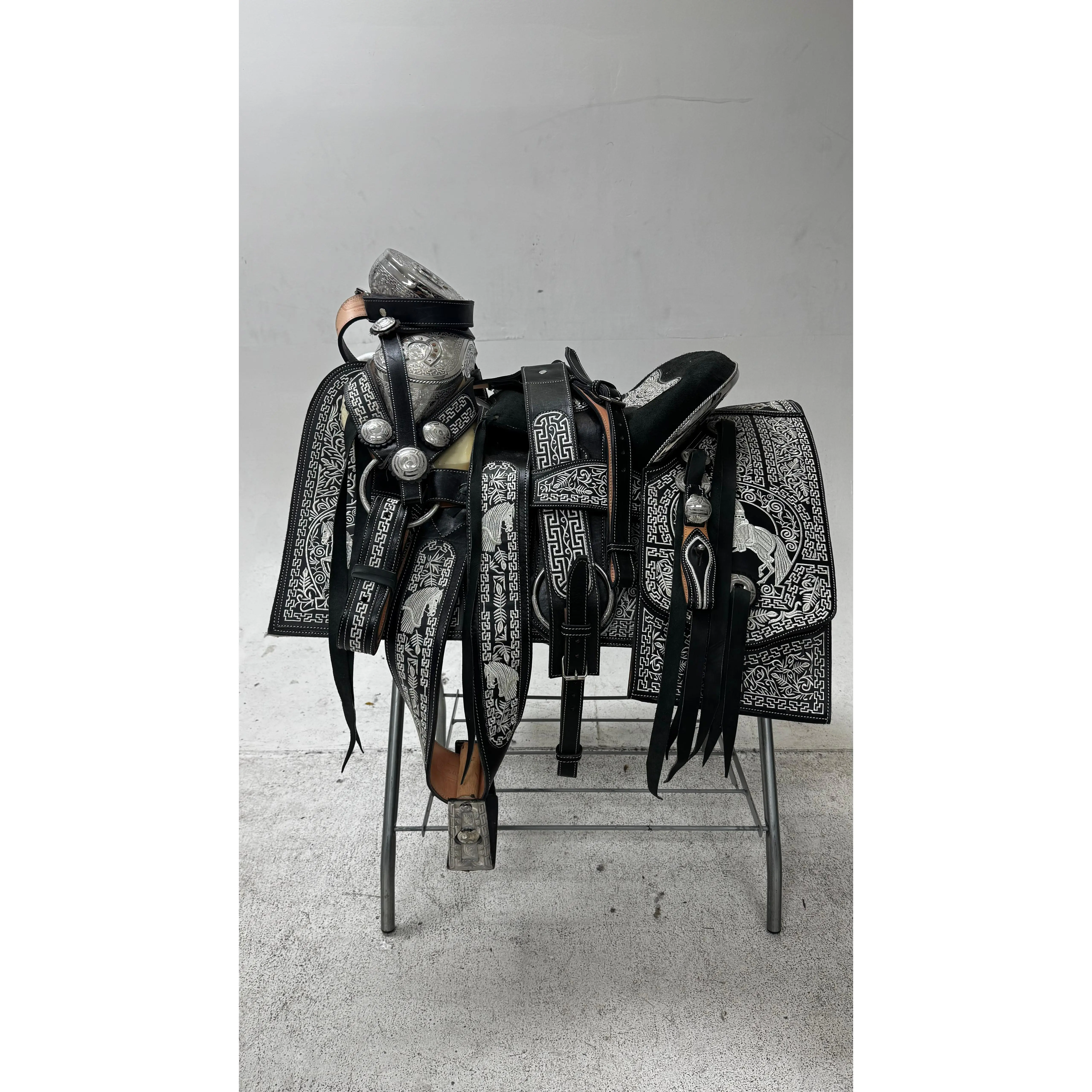 Charro Saddle – Black with Silver Embroidery & Engraved Plated Accents (15.5”)