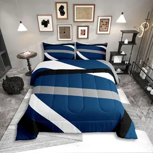 Feelyou Multi-Size Boho Aesthetic Bed Comforter Set - Breathable Digital Print, Blue Gray Black Striped Lines, Geometric Design Bedding, Queen Comforter Set Option for Adults