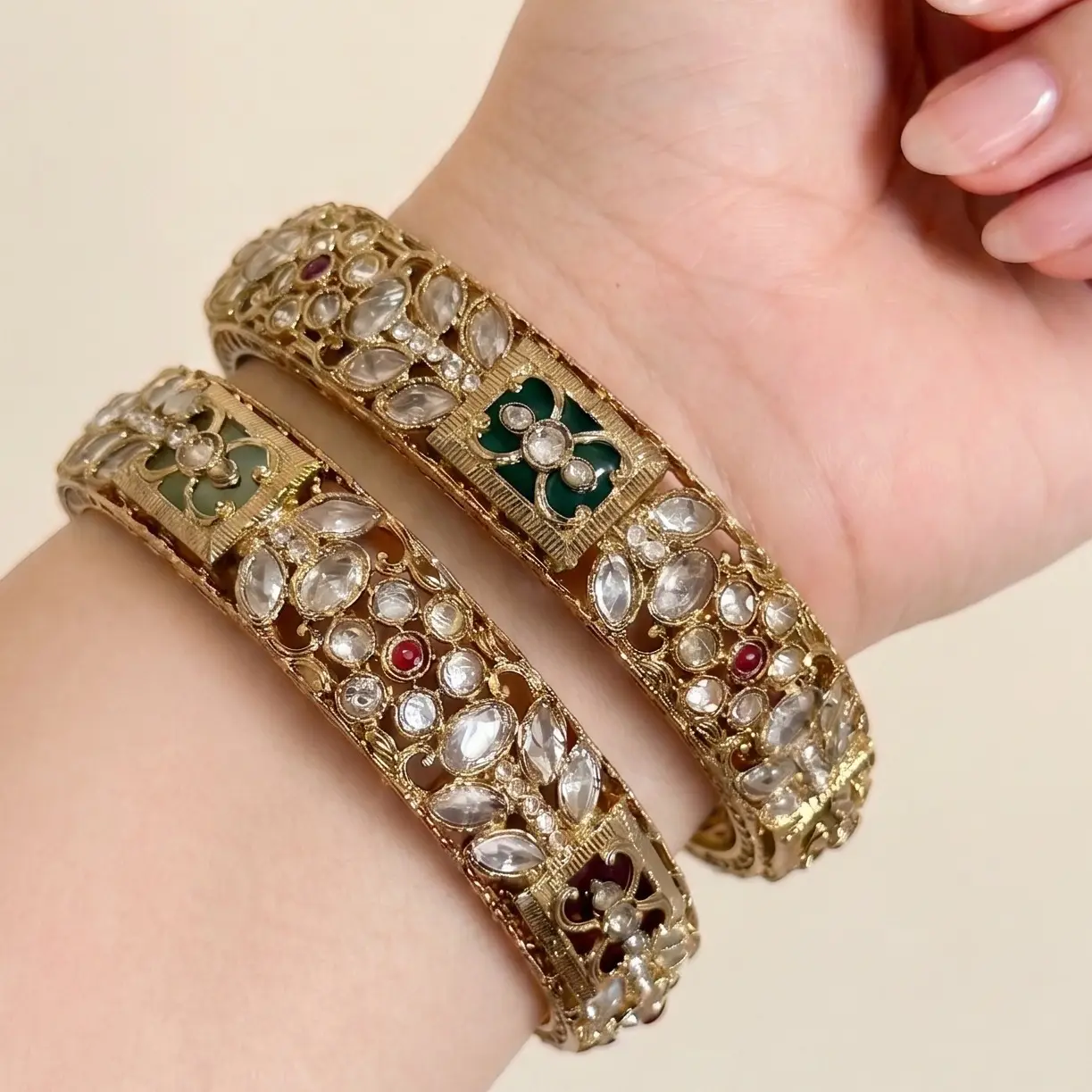 Antique Gold Kundan/Polki Kada Bangles with Meenakari work | Indian Wedding Jewelry