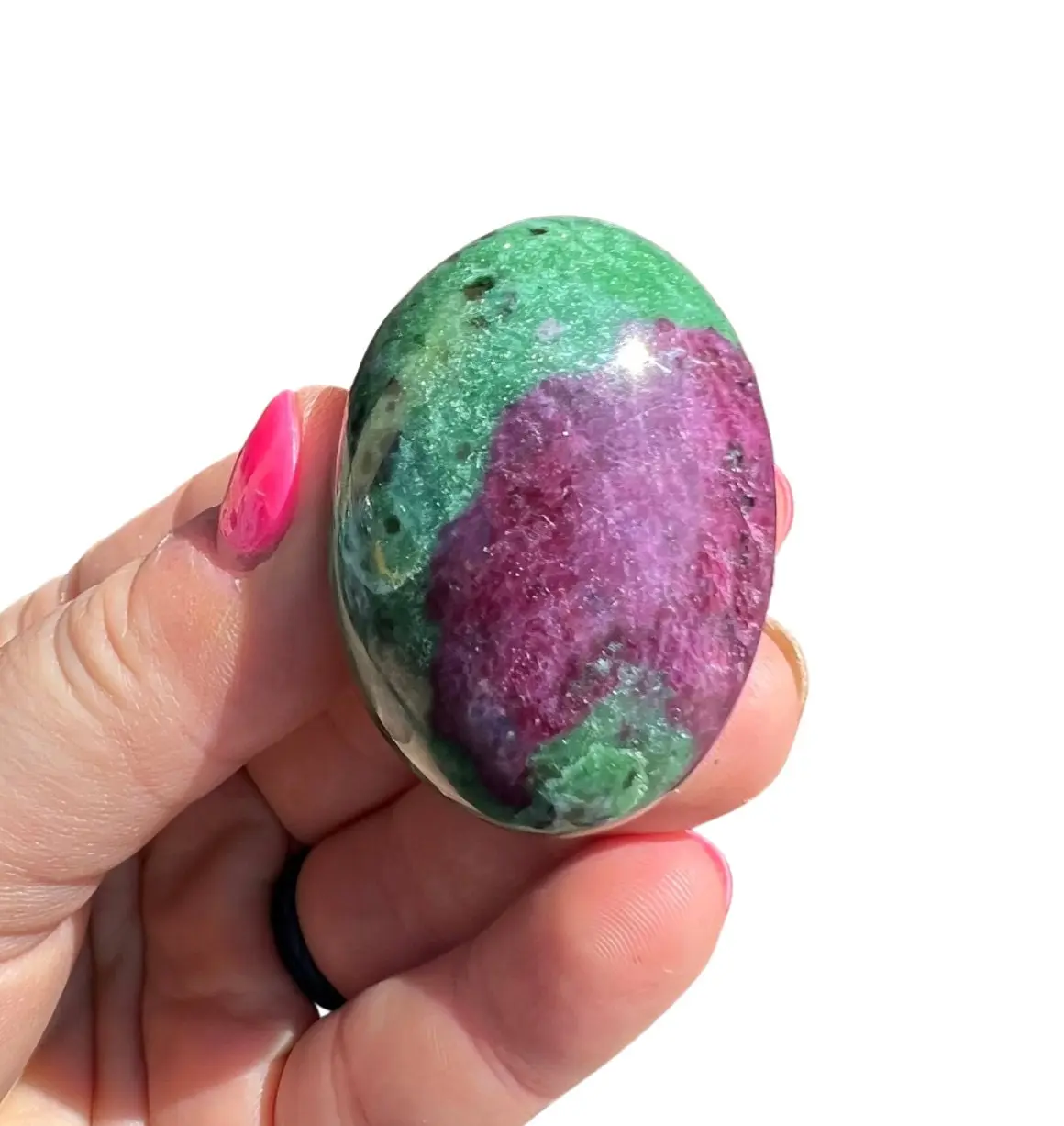 New Moon Beginnings Ruby Zoisite Palm Stone with Green and Purple Swirls, Natural Coloration, Round Shape