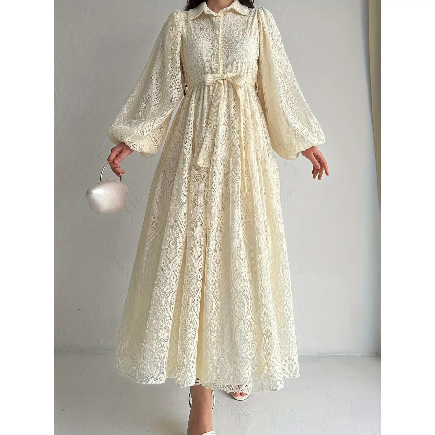 Women's Plain Collared Neck Abaya, Woven Long Sleeve Robe Dress with Lace Trim and Button Front, Polyester Blend, Dry Clean, Buttons, All Seasons, Machine Washable, Loose-Fitting, Xxl