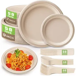 250 Pcs Disposable Paper Plates Set, Compostable Sugarcane Utensils, Eco-Friendly Dinnerware Kit with 50 Biodegradable Plates, Forks, Knives and Spoons for Birthday Party, Camping