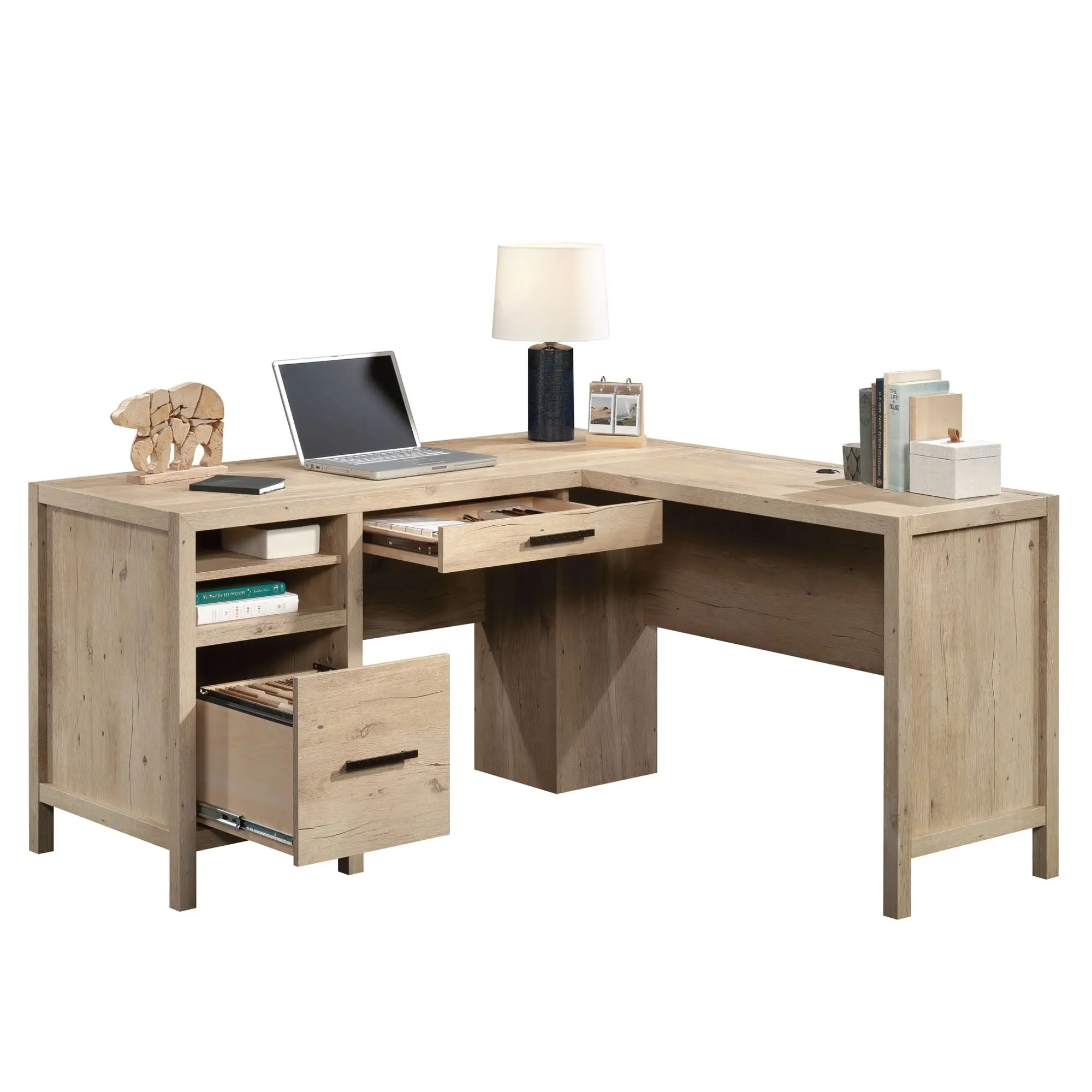 Sauder Pacific View Coastal Cottage Rustic L-Shape Desk (58.47" x 58.43" x 29.92") – File Drawer, Pencil Drawer, Adjustable Shelf, Desktop Grommets, Assembly Required (L-Shape Desks & Workstations), Computer Desk