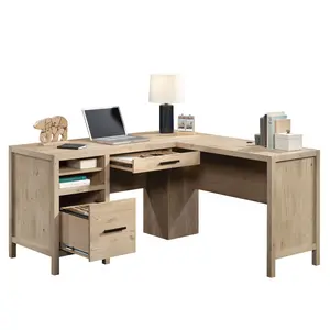 Sauder Pacific View L-Shaped Desk with File Drawer & Pencil Drawer Adjustable Shelf Desktop Grommets