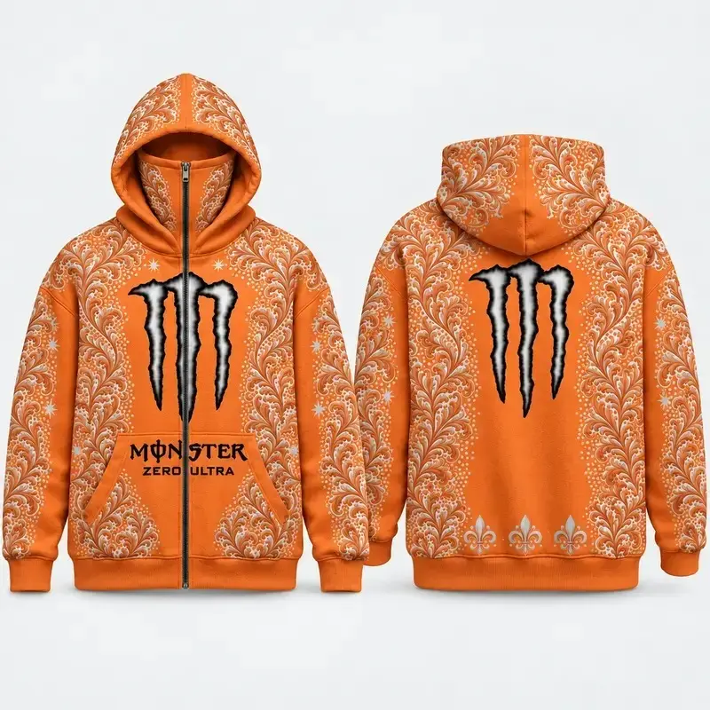 Gothic Baroque White Energy Drink Full Zip Face Cover Hoodie, White Gray Ornamental Print Zip Up Hoodie, Unisex Streetwear Hooded Jacket, All Over Print Sweatshirt