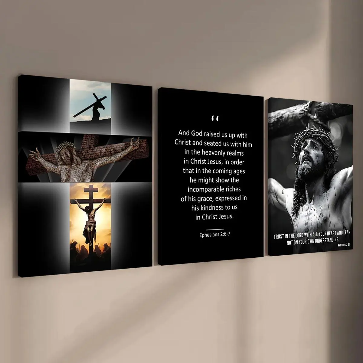 3 Counts Wooden Framed Canvas, Jesus Crucifixion Bible Verse Poster, Religious Cross Print, Living Room Decoration, Modern Art, Decorative Artwork, Wall Art Decor, Odorless, Waterproof, Artwork