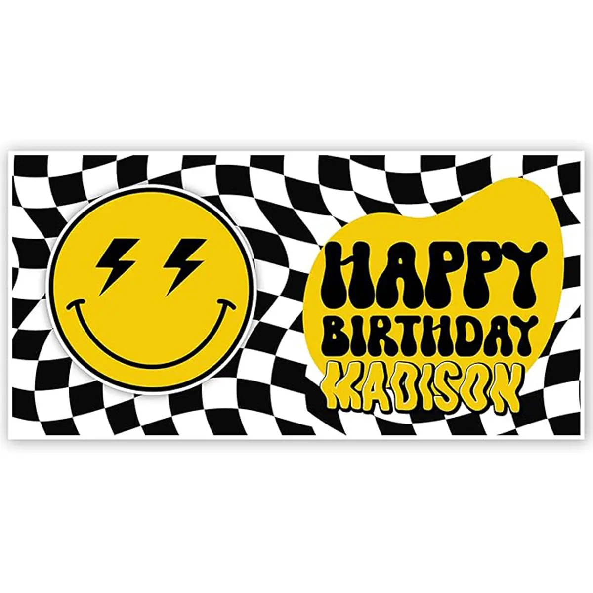 Glossy Print Smiley Face Checkered Personalized Birthday Banner, Festive Party Backdrop for Home Celebrations